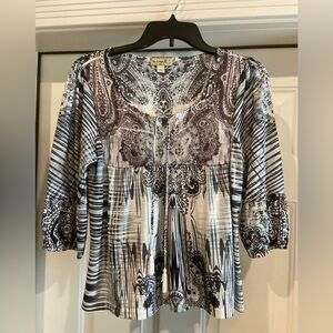 One World~Live And Let Live~Neutral~Bohemian Peasant Style Tunic Top~Size S